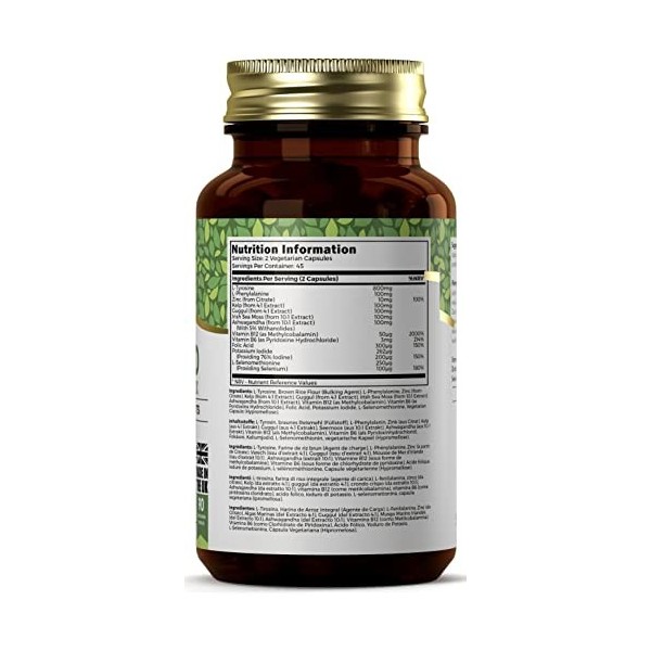 Ezyleaf Complexe Thyroïdien | Supplement Soutien Thyroïdien L Tyrosine Ashwagandha Phenylalanine Iode Zinc Varech Mousse de m