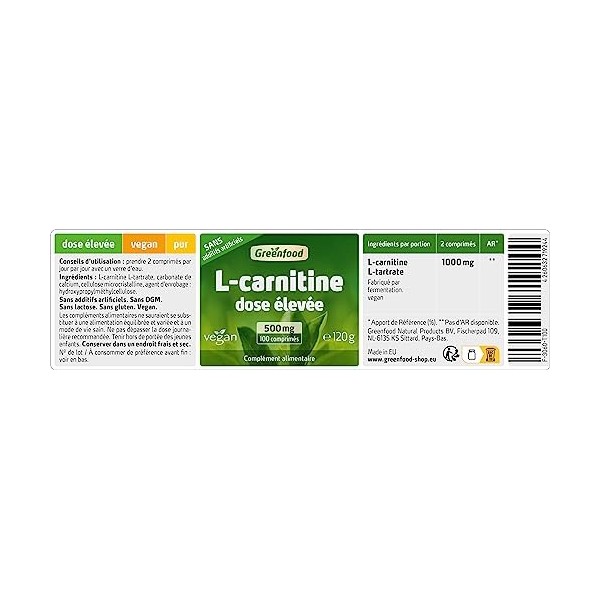 Greenfood L-carnitine 500 mg, 100 comprimés, Sans additifs artificiels. Sans OGM.Sans lactose. Sans gluten. Vegan.