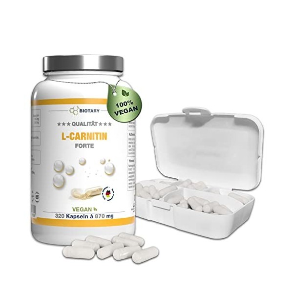 L-carnitine 320 gélules | 3000 mg par jour | Pour 3 Mois| Avec boîte à pilules | gélules à haute dose de L-carnitine | 100% v