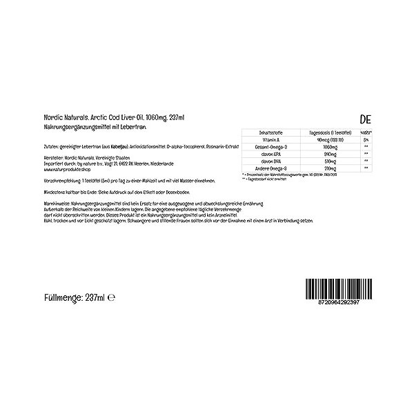 Nordic Naturals, Arctic Cod Liver Oil, 1060mg dOméga-3 dHuile de Foie de Morue, avec EPA et DHA, 237ml, Testé en Laboratoir