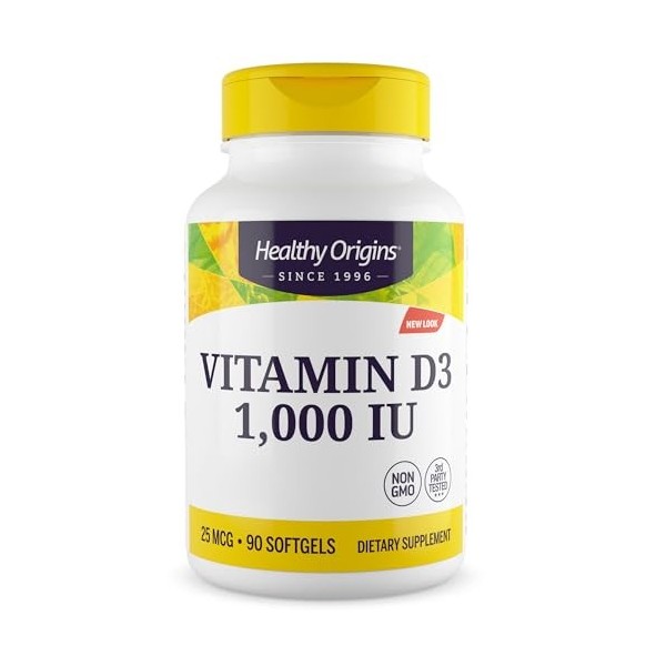 Healthy Origins, Vitamin D3 25mcg 1.000 IU , 90 Capsules molles, Haute Dosé, Testé en Laboratoire, Sans Soja, Sans Gluten, S