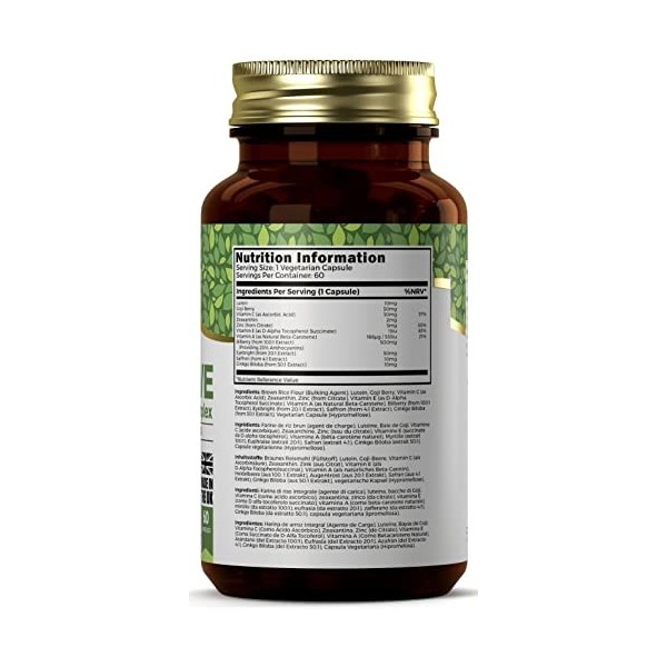 Ezyleaf Supplément pour Yeux | Safran Luteine Zeaxanthine avec Myrtille EyeBright Beta-carotene Naturel Baie de Goji | 60 Vit