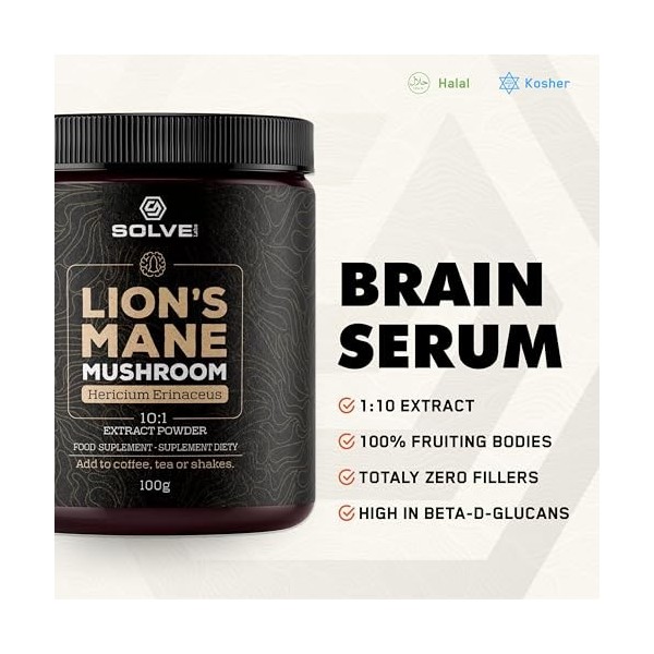 Solve Labs® ● Poudre De Crinière De Lion Premium ● 100% De Corps Fructifères ● 45% De Bêta-D-Glucanes ● Extrait 10:1 ● Zéro C