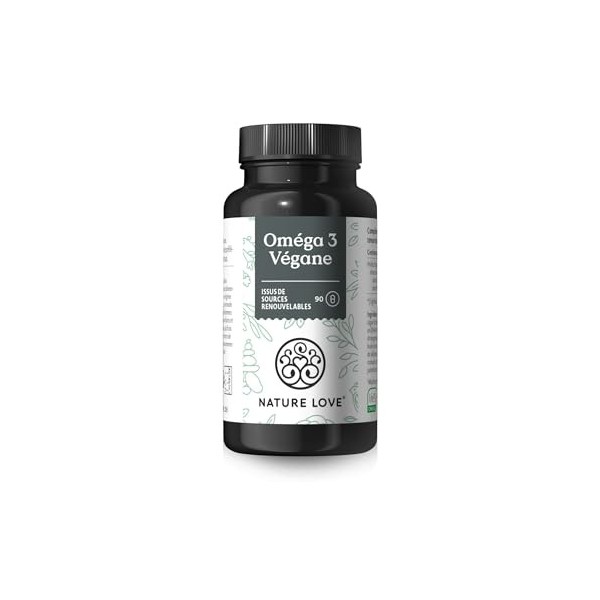 NATURE LOVE® Omega 3 Végane - hautement dosé à 1444mg d’huile d’algues par dose journalière - 90 gélules - matière première m