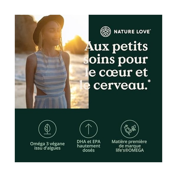 NATURE LOVE® Omega 3 Végane - hautement dosé à 1444mg d’huile d’algues par dose journalière - 90 gélules - matière première m