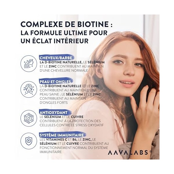 Biotine Cheveux 10000µg Complement Alimentaire Cheveux Biotin Vitamine B8 Zinc Selenium Huile de Coco MCT Vitamine C Acide Fo