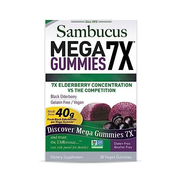 Natures Answer, Sambucus Mega Gummies 7X, Sureau Noir, Végétalien, 30 Gommes, Testé en Laboratoire, Sans Gluten, Sans Soja, 