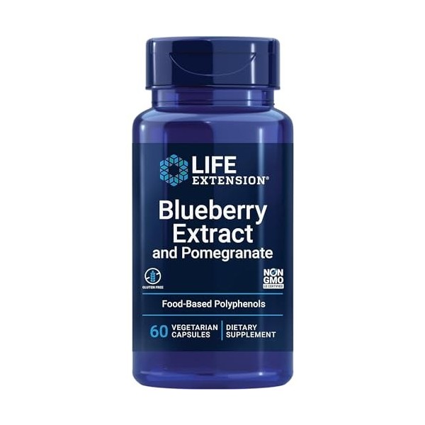 Life Extension, Blueberry Extract and Pomegranate, Extrait de Myrtille et de Grenade, 60 Capsules végétaliennes, Testé en Lab