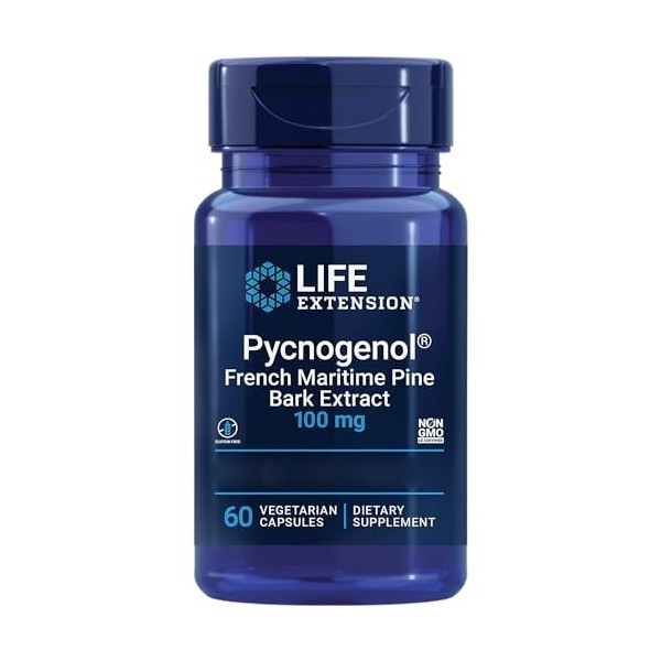 Life Extension, Pycnogenol, Extrait dÉcorce de Pin, 100mg, 60 Capsules végétaliennes, Testé en Laboratoire, Sans Gluten, Vég