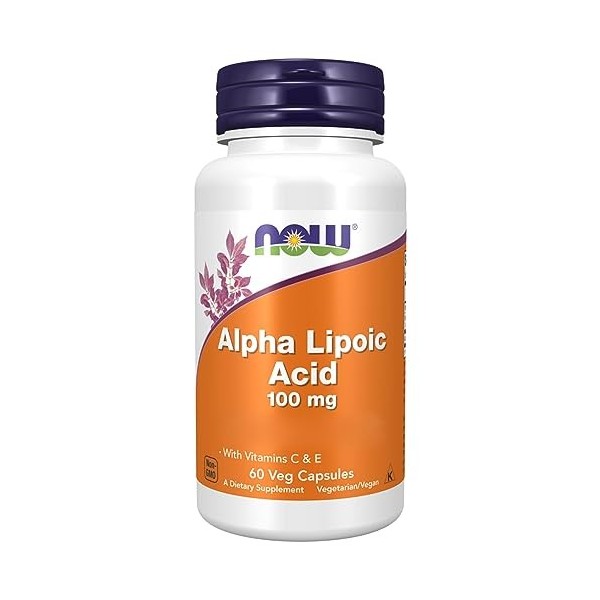 Now Foods, Alpha-Lipoic Acid Acide Alpha-Lipoïque , 100mg, avec Vitamines C et E, 60 Capsules végétaliennes, Testé en Labora