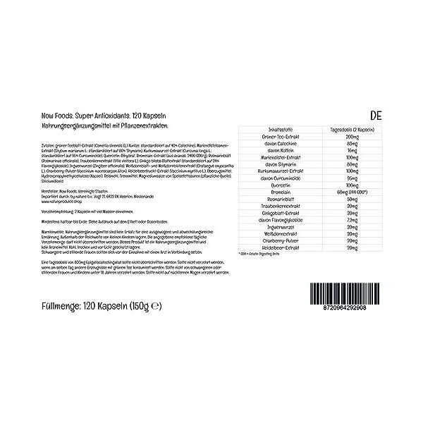 Now Foods, Super Antioxidants, avec Thé Vert, Chardon Marie et Autres, 120 Capsules végétaliennes, Testé en Laboratoire, Sans