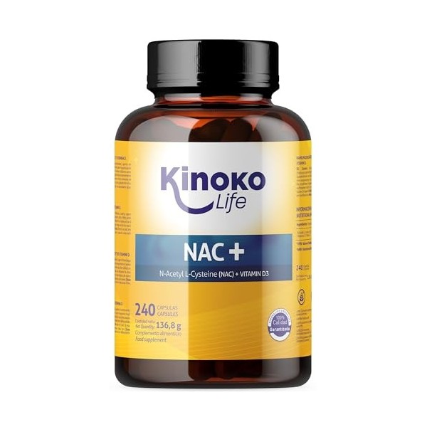 NAC+ 240 Capsules à la Vitamine D de Kinoko Life, Supplément 300 mg N-acétyl-L-cystéine pour la santé immunologique, booster 