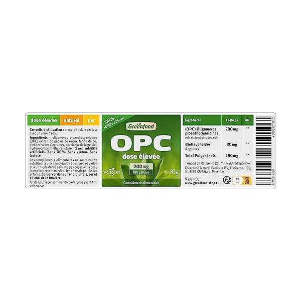 Greenfood OPC, 200 mg, dose élevée, 180 gélules -Sans additifs artificiels. Vegan.