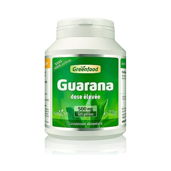 Greenfood Guarana, 500 mg, dose élevée, pur, 120 gélules, végan. Contient de la caféine naturelle, léquivalent dune tasse d