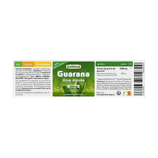 Greenfood Guarana, 500 mg, dose élevée, pur, 120 gélules, végan. Contient de la caféine naturelle, léquivalent dune tasse d