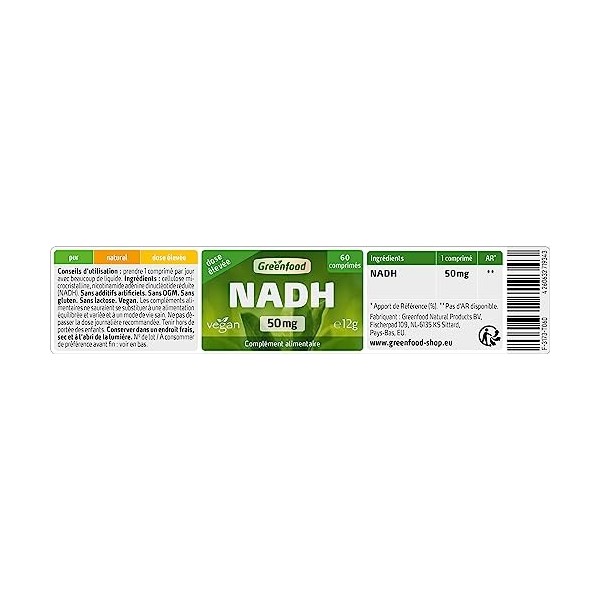 Greenfood NADH pur, 50 mg, naturel, dose élevée, 60 comprimés, vegan. Voie sublinguale. Sans additifs artificiels. Sans OGM. 