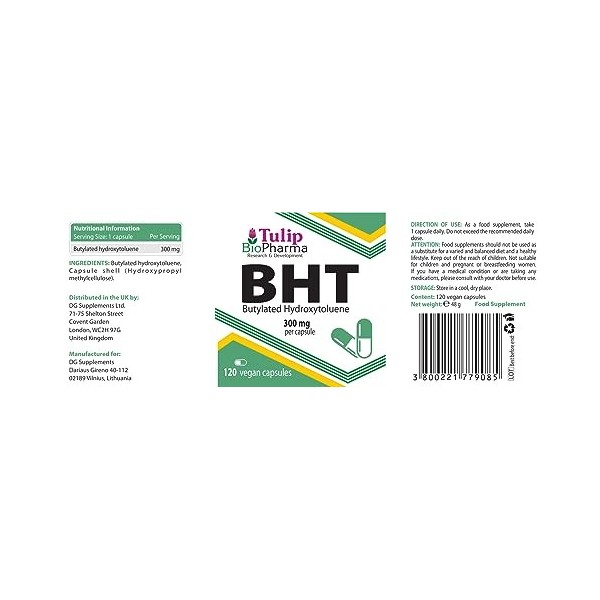 BHT hydroxytoluène butylé 300 mg 120 gélules, anti-âge et antioxydant, stimulateur du système immunitaire, testé en laborat