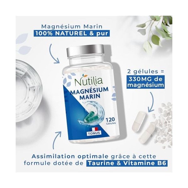 Magnésium Marin + Taurine & Vitamine B6 - Haute teneur 330mg/j - Combat La Fatigue Et le Stress - 120 gélules - Cure 2 Mois -