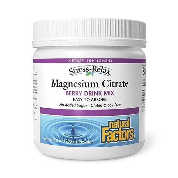 Natural Factors, Stress Relax Magnesium Citrate, 300mg, Goût de Baies, 250g Poudre végétalienne, Testé en Laboratoire, Végéta