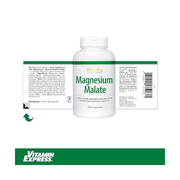 Malate Magnésium, 360 mg par jour. Contribue à la réduction de la fatigue et de lépuisement, à la fonction musculaire et à l