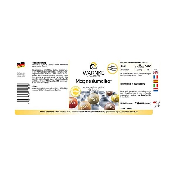 Citrate de Magnésium - 150 comprimés - 294 mg de magnésium par apport journalier - qualité pharmacie allemande - hautement do