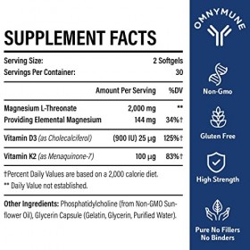 Liposomal - Thréonate de magnésium 2000mg - Supplément de magnésium avec vitamine D3 et K2 - Favorise la santé du cerveau et 