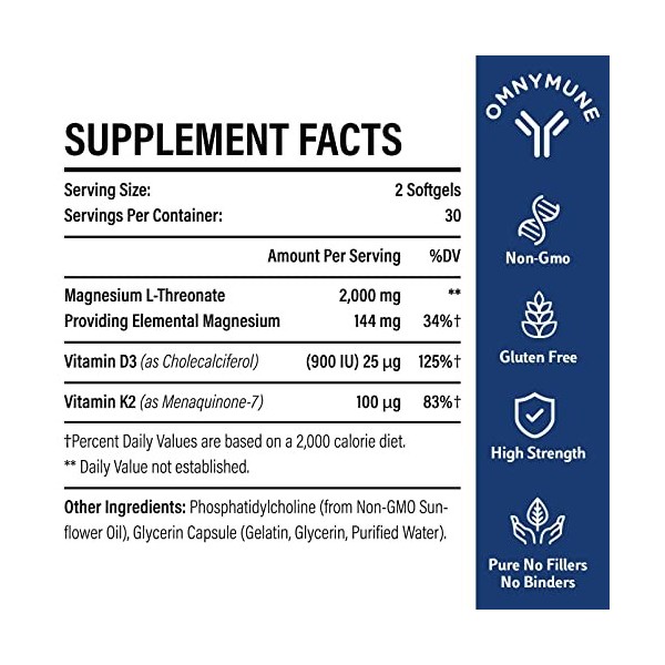 Liposomal - Thréonate de magnésium 2000mg - Supplément de magnésium avec vitamine D3 et K2 - Favorise la santé du cerveau et 