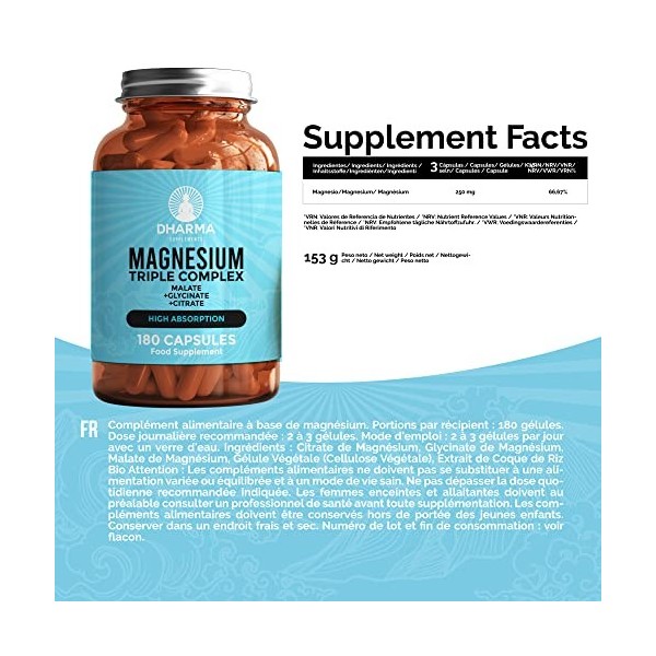 DHARMA Magnésium Triple Complexx, 300 mg de citrate de magnésium, de glycinate de magnésium et de malate de magnésium pour la