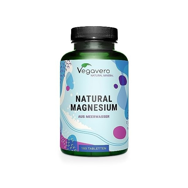 Magnésium Marin Vegavero® | 100% NATUREL | Avec Aquamin™ Mg | 180 Comprimés 6 mois | 375 mg | Sans additifs | Absorption su