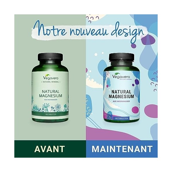 Magnésium Marin Vegavero® | 100% NATUREL | Avec Aquamin™ Mg | 180 Comprimés 6 mois | 375 mg | Sans additifs | Absorption su