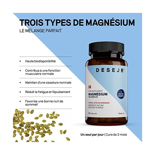 DESEJR Tri-Complexe De Magnésium Cure De 3 Mois , Soutient le Système Nerveux, la Réduction de la Fatigue, la Fonction Muscu