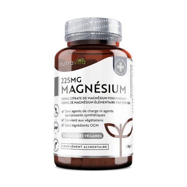 Citrate de Magnesium 765 mg - 240 Gélules Véganes de Magnesium - Contient 225 mg de Magnésium Elémentaire de Première Qualité