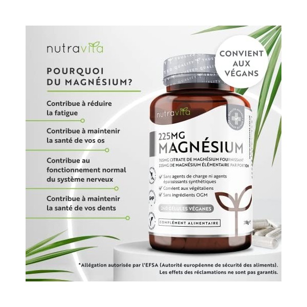 Citrate de Magnesium 765 mg - 240 Gélules Véganes de Magnesium - Contient 225 mg de Magnésium Elémentaire de Première Qualité