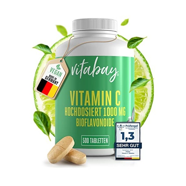 Vitabay Vitamine C + Bioflavonoïdes 1000 mg | 500 Comprimés Végans Hautement Dosés | À Action Retard | Testé en Laboratoire &