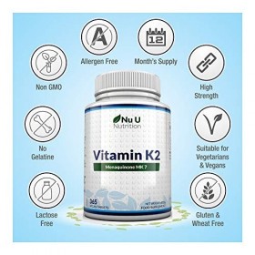 Nu U Nutrition Vitamine K2 MK 7 Comprimés 200mcg, 365 Comprimés Végétariens et Végétaliens pas de Capsules , Un An dApprovi