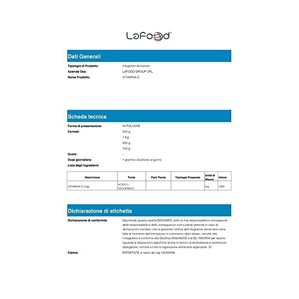 Lafood Acide Ascorbique E300 - Vitamine C - 1 kg -NO OGM- Glutin Free