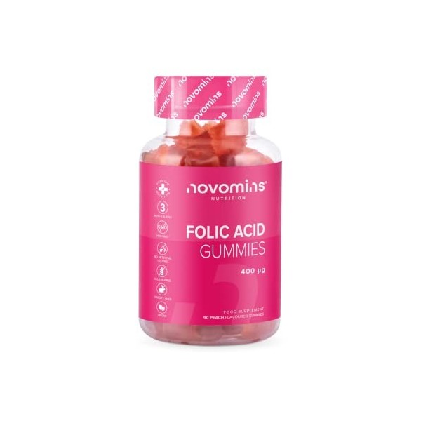 Gummies à l’Acide Folique – 400 mcg – Vitamine B9 pour 3 Mois de Novomins – Acide Folique Grossesse Végane et sans Gluten – S