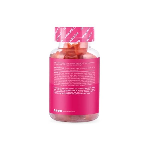 Gummies à l’Acide Folique – 400 mcg – Vitamine B9 pour 3 Mois de Novomins – Acide Folique Grossesse Végane et sans Gluten – S