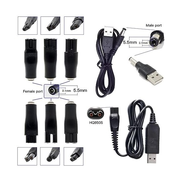 Câble universel pour tondeuse à cheveux - Connecteur DC - Adaptateur USB - Têtes de charge - Cordon dalimentation - Chargeur