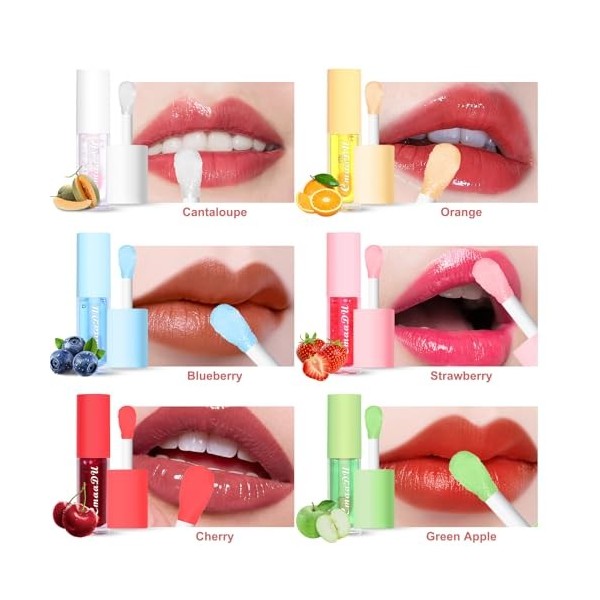 AKOFIC 6 Pièces Lip Glow Oil, Fruit Gloss Repulpant Lèvres, Hydratante Huile à Lèvre Teintée, Longue Durée Brillant Lèvres Gl