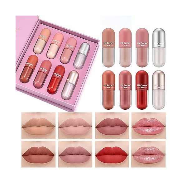 Ensemble de 8 Brillants à Lèvres Mats, Rouge à Lèvres Liquide Velvet Nude, Rouge à Lèvres Longue Durée Tasse Antiadhésive, Gl