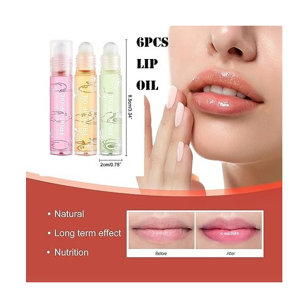 Mikabila 6 Pièces Roll On Lip Gloss,Huile À Lèvres Transparente Incolore,Brillants à Lèvres Aromatisés aux Fruits,Lotion à lè