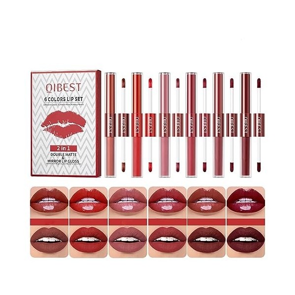 Lot de 6 de glaçage à lèvres Velvet Matte Mirror 2-en-1 à double extrémité, Set de gloss à lèvres Matte Waterproof Non-Stick 