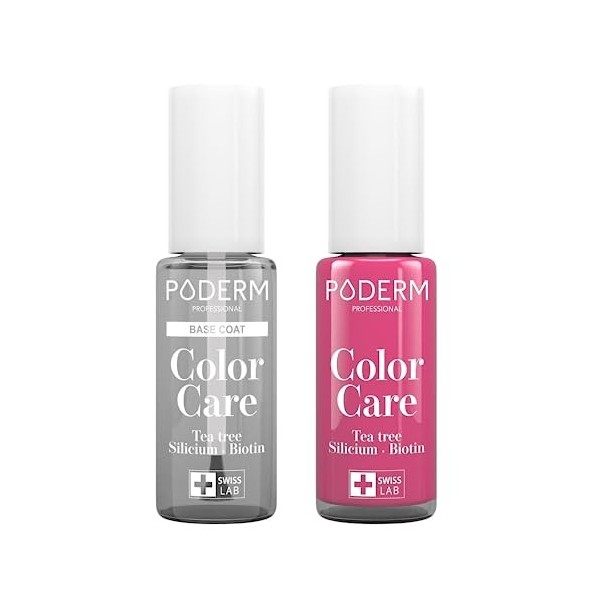 PODERM - LOT 2 PRODUITS | SOIN VERNIS PROFESSIONNEL | Base Coat Tenue Parfaite + Vernis FRAMBOISE Tea Tree | Prévention & Tra