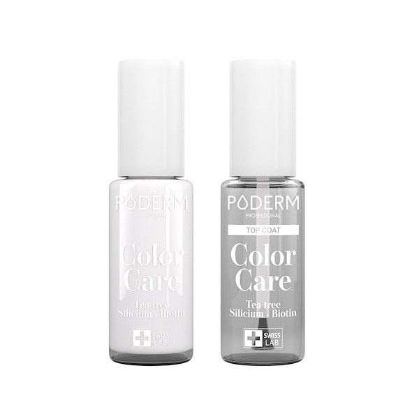 PODERM - LOT 2 PRODUITS | SOIN VERNIS PROFESSIONNEL | Top Coat Brillant Longue Tenue + Vernis BLANC Tea Tree | Prévention & T