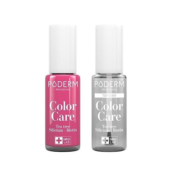 PODERM - LOT 2 PRODUITS | SOIN VERNIS PROFESSIONNEL | Top Coat Brillant Longue Tenue + Vernis FRAMBOISE Tea Tree | Prévention