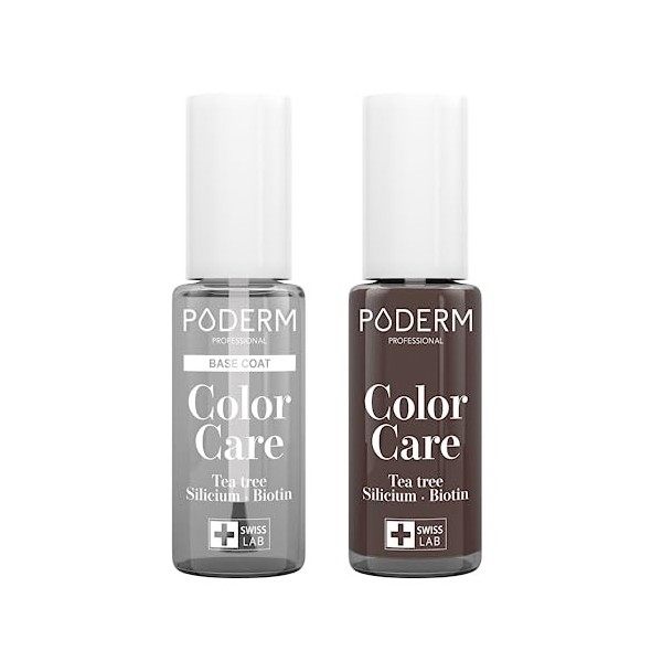 PODERM - LOT 2 PRODUITS | SOIN VERNIS PROFESSIONNEL | Base Coat Tenue Parfaite + Vernis BRUN Tea Tree | Prévention & Traiteme