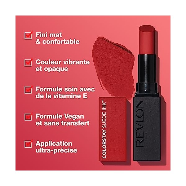 Revlon, ColorStay Suede Ink, Rouge à lèvres, Fini mat, Couleur vibrante, Formule soin & vegan, infusée en vitamine E, N°003 W