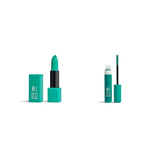 3INA MAKEUP - Vegan - The Lipstick 793 + The Color Mascara 793 - Vert Turquoise - Rouge à Lèvre - Longue Tenue - Volume et Lo