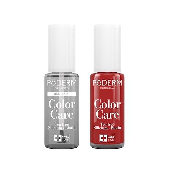 PODERM - LOT 2 PRODUITS | SOIN VERNIS PROFESSIONNEL | Base Coat Tenue Parfaite + Vernis ROUGE ALLURE Tea Tree | Prévention & 